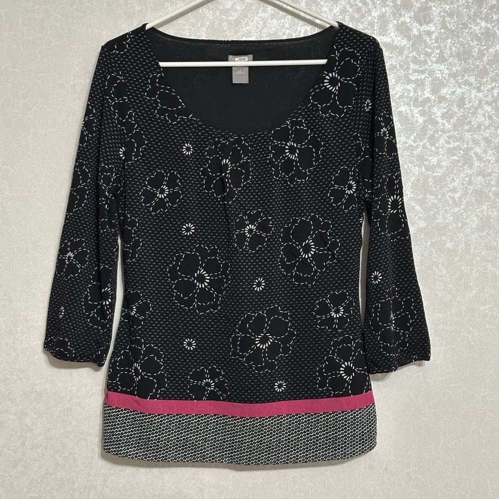 Ann Taylor Floral Black Blouse 3/4 Sleeve Scoop Neck Top White Pink L